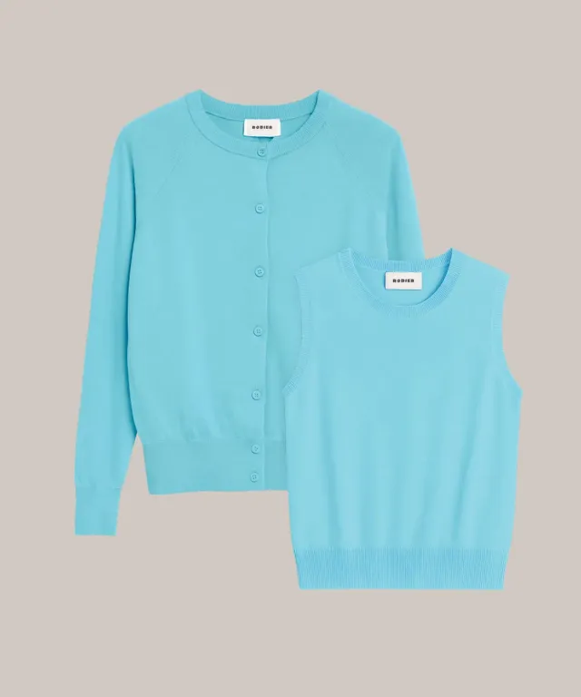 Rodier twin set seta blu turchese girocollo