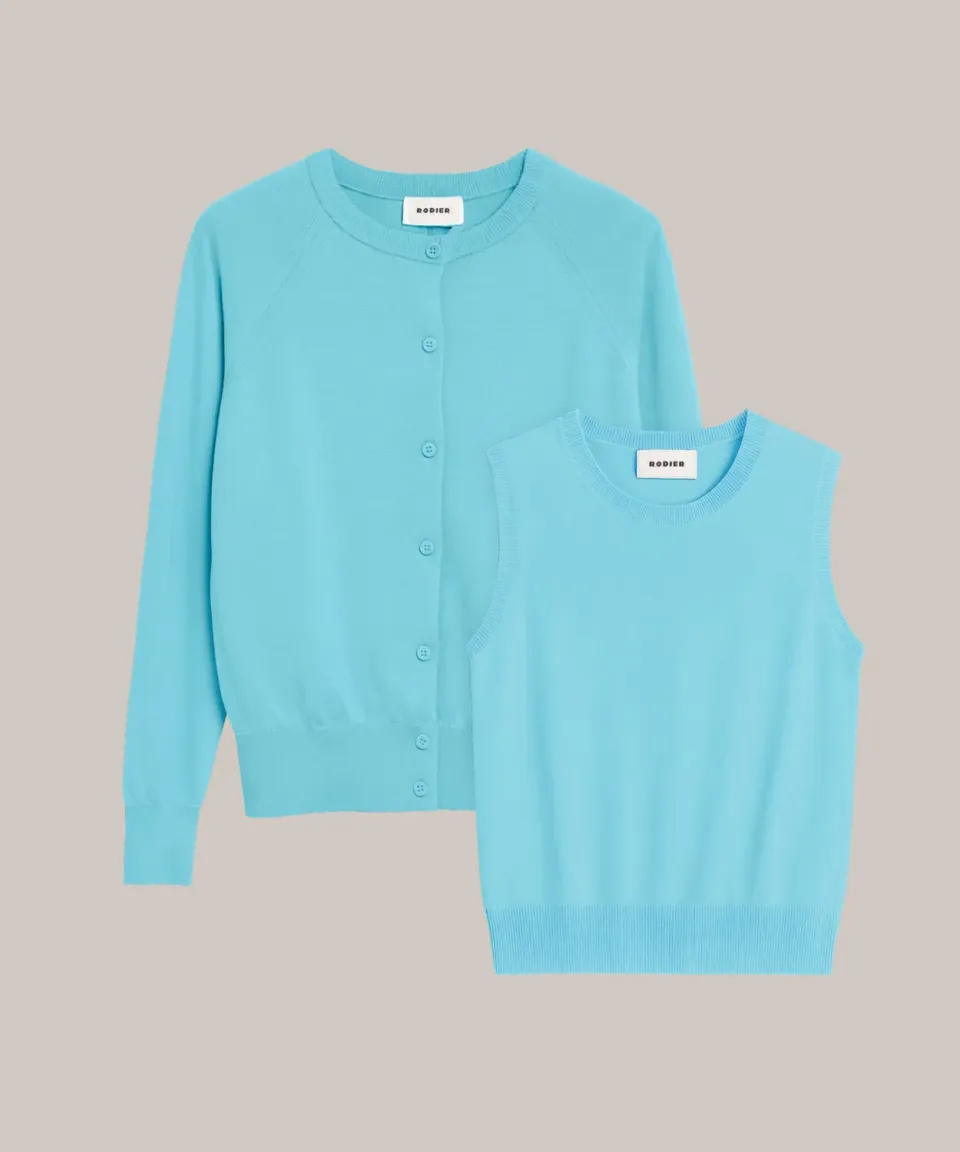 Rodier twin set seta blu turchese girocollo