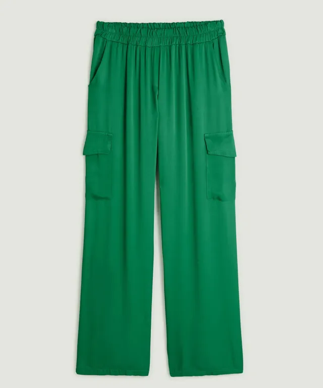 Rodier pantaloni cargo raso verde viscosa elasticizzati