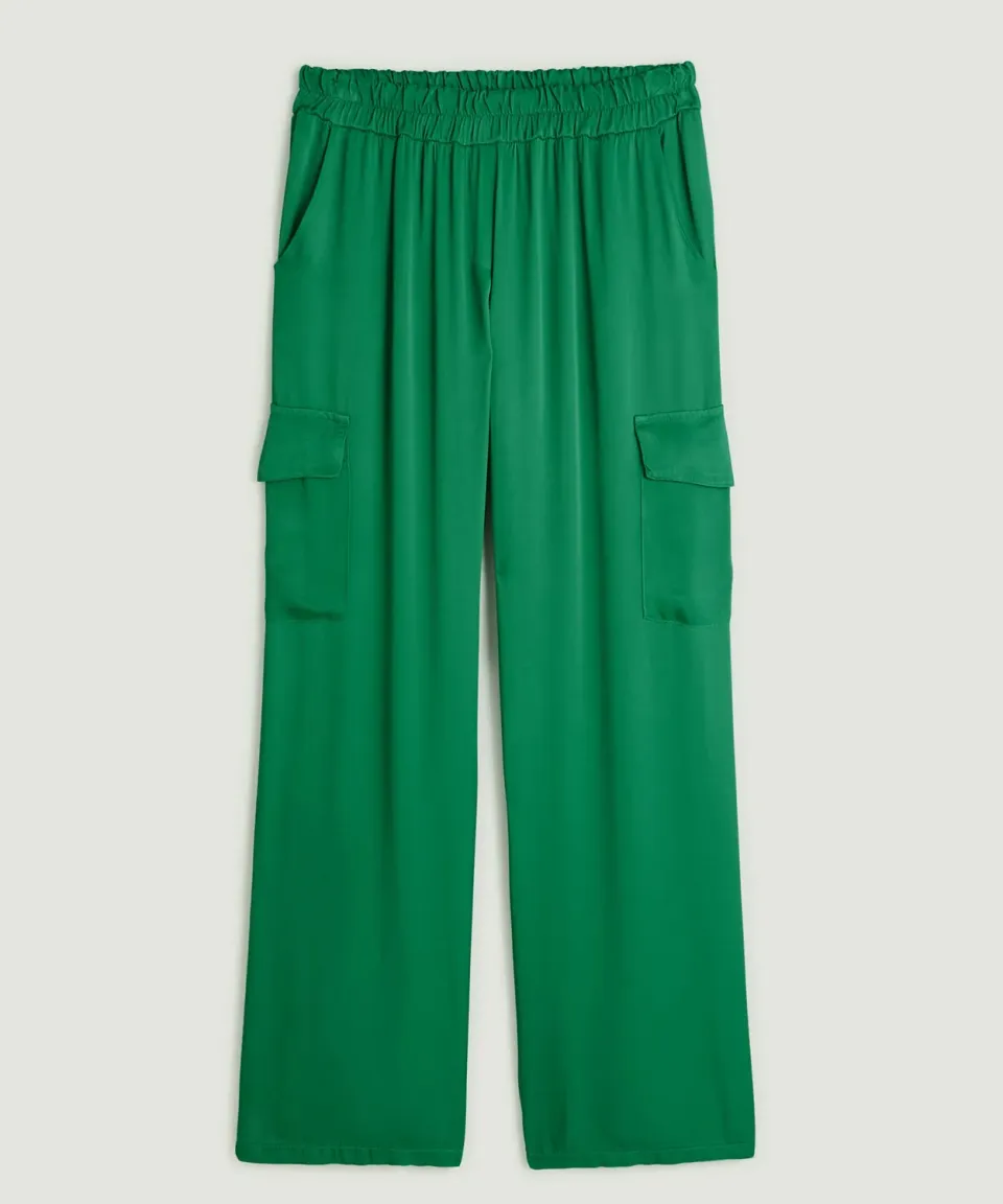 Rodier pantaloni cargo raso verde viscosa elasticizzati