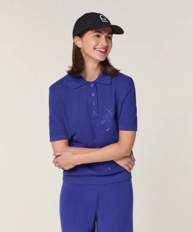 Rodier Polo lana merino ricamata blu oltremare