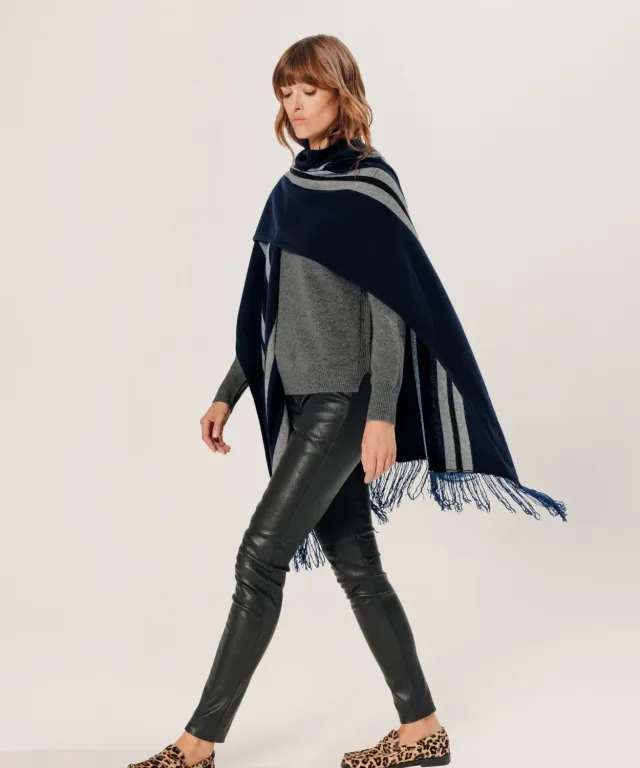 Rodier Stola in cashmere blu navy frange 2 strati