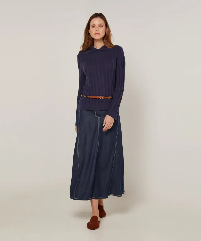 Rodier maglia coste polo blu denim aderente maniche lunghe