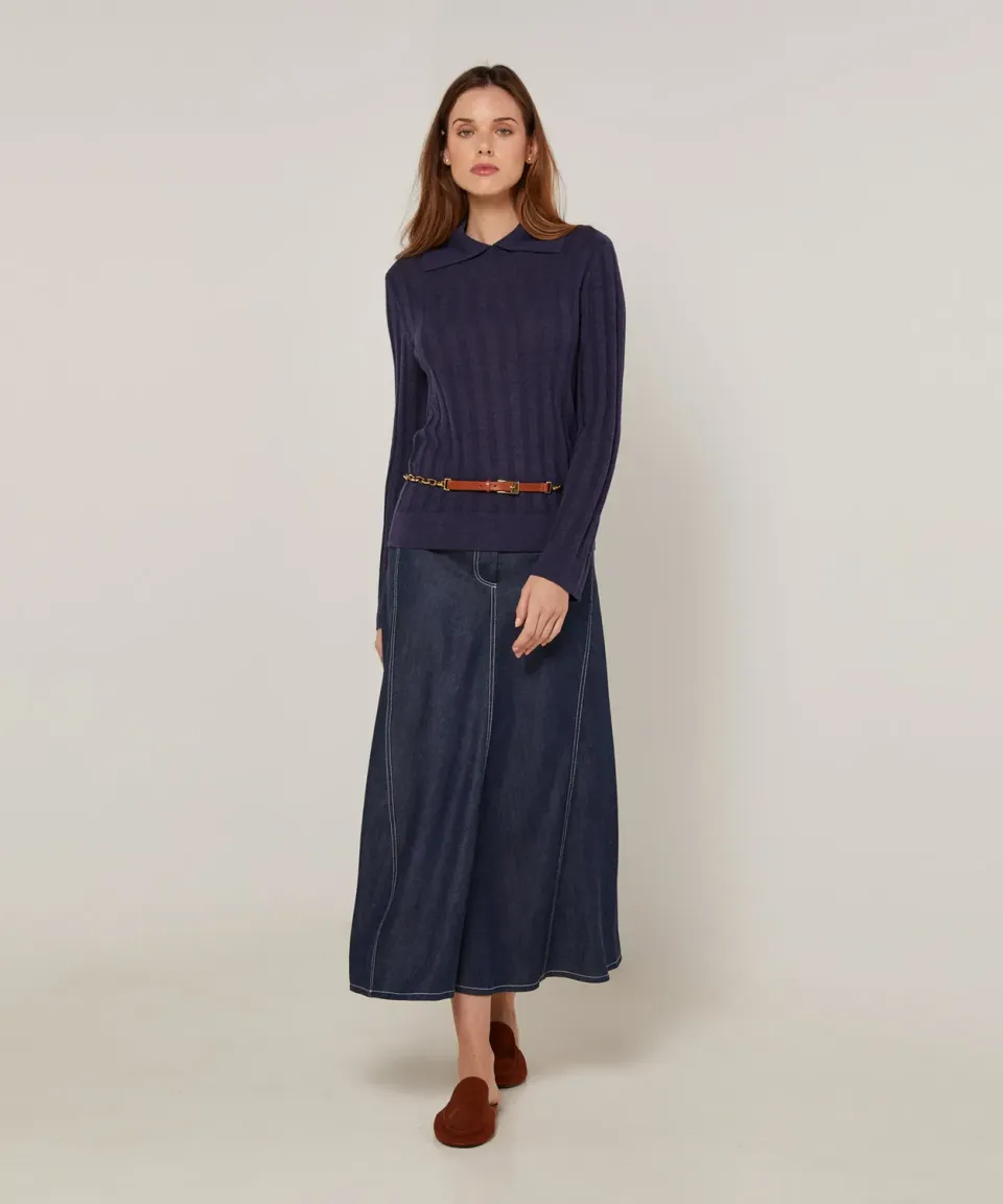 Rodier maglia coste polo blu denim aderente maniche lunghe