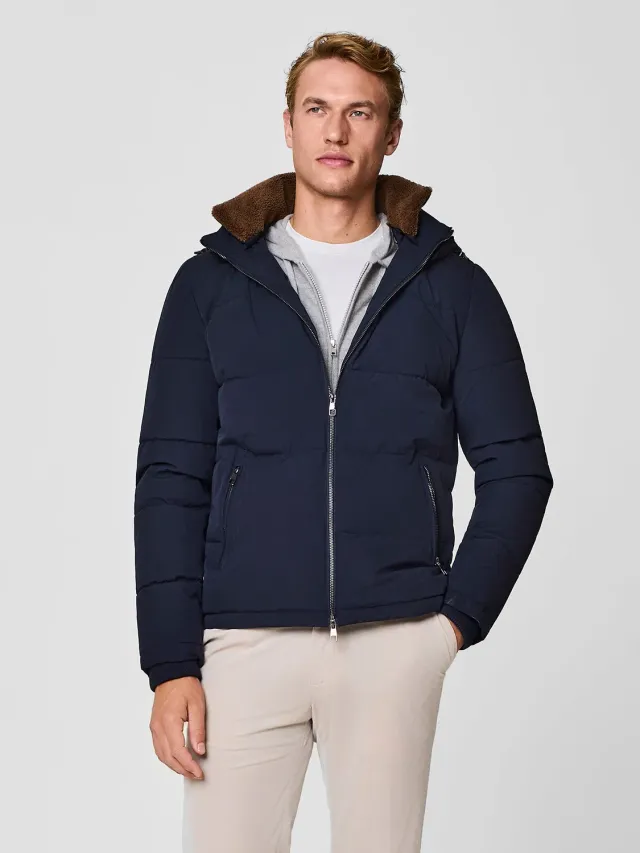 Paul Taylor Piumino Corto Blu Ecopelliccia con Cappuccio
