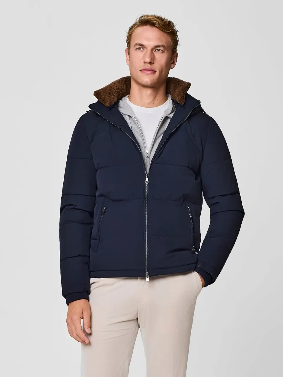 Paul Taylor Piumino Corto Blu Ecopelliccia con Cappuccio