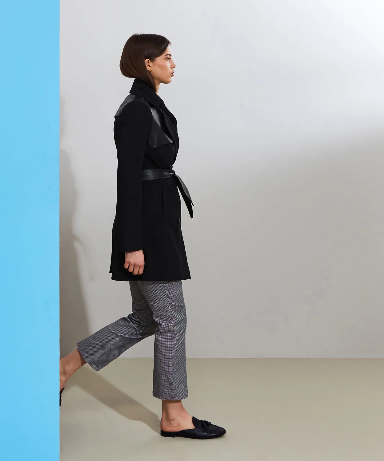 Rodier Trench bimateriale in pelle nero al ginocchio