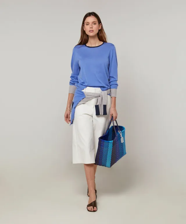 Rodier Maglione Tricolore Horizon Blue Merino Girocollo