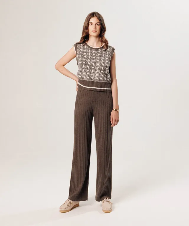 Rodier pantalone largo maglia havana brown a coste