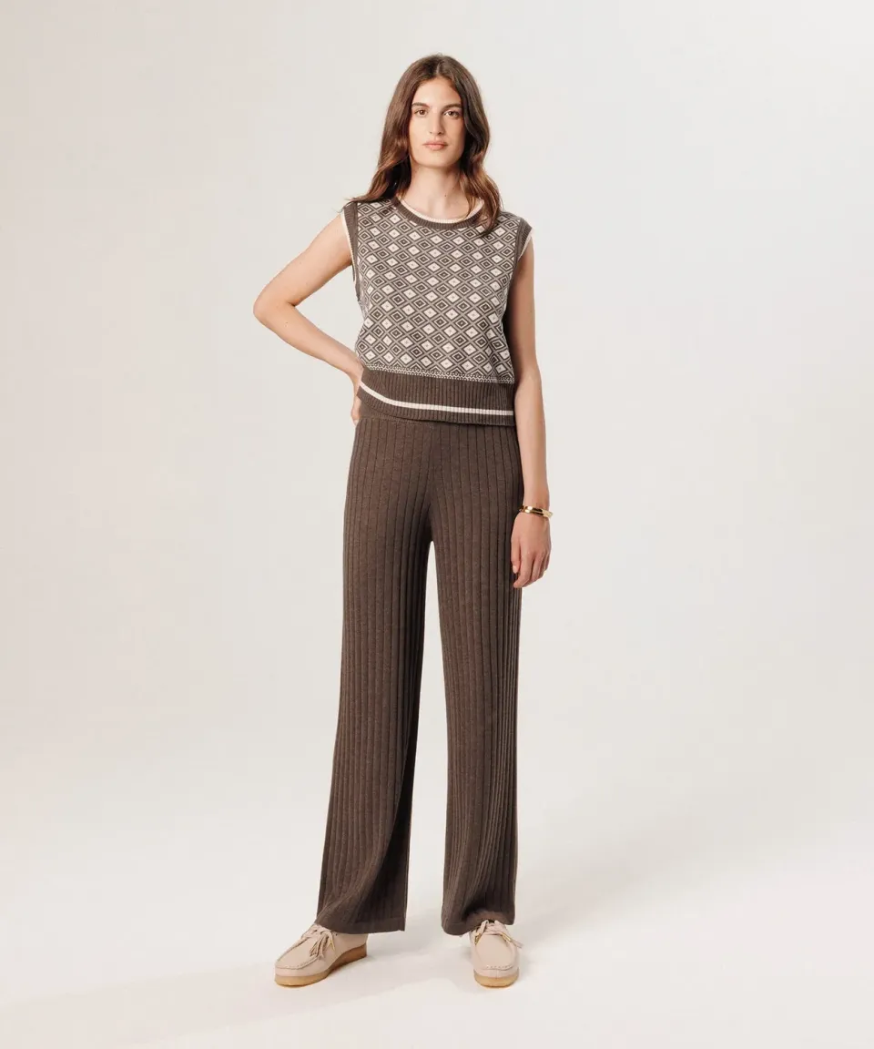 Rodier pantalone largo maglia havana brown a coste