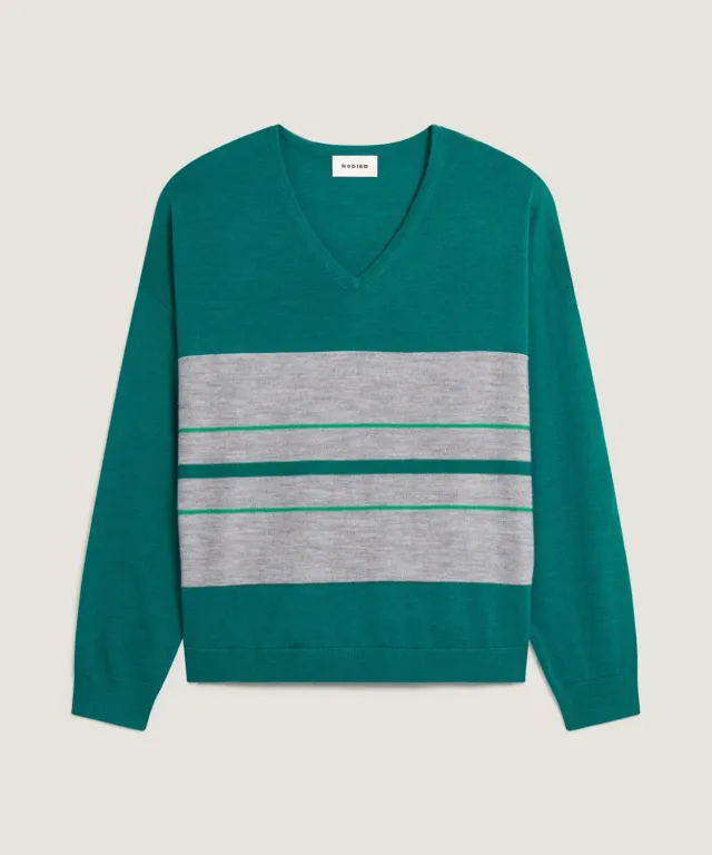Rodier Maglione Scollo V Righe lana merino verde anatra