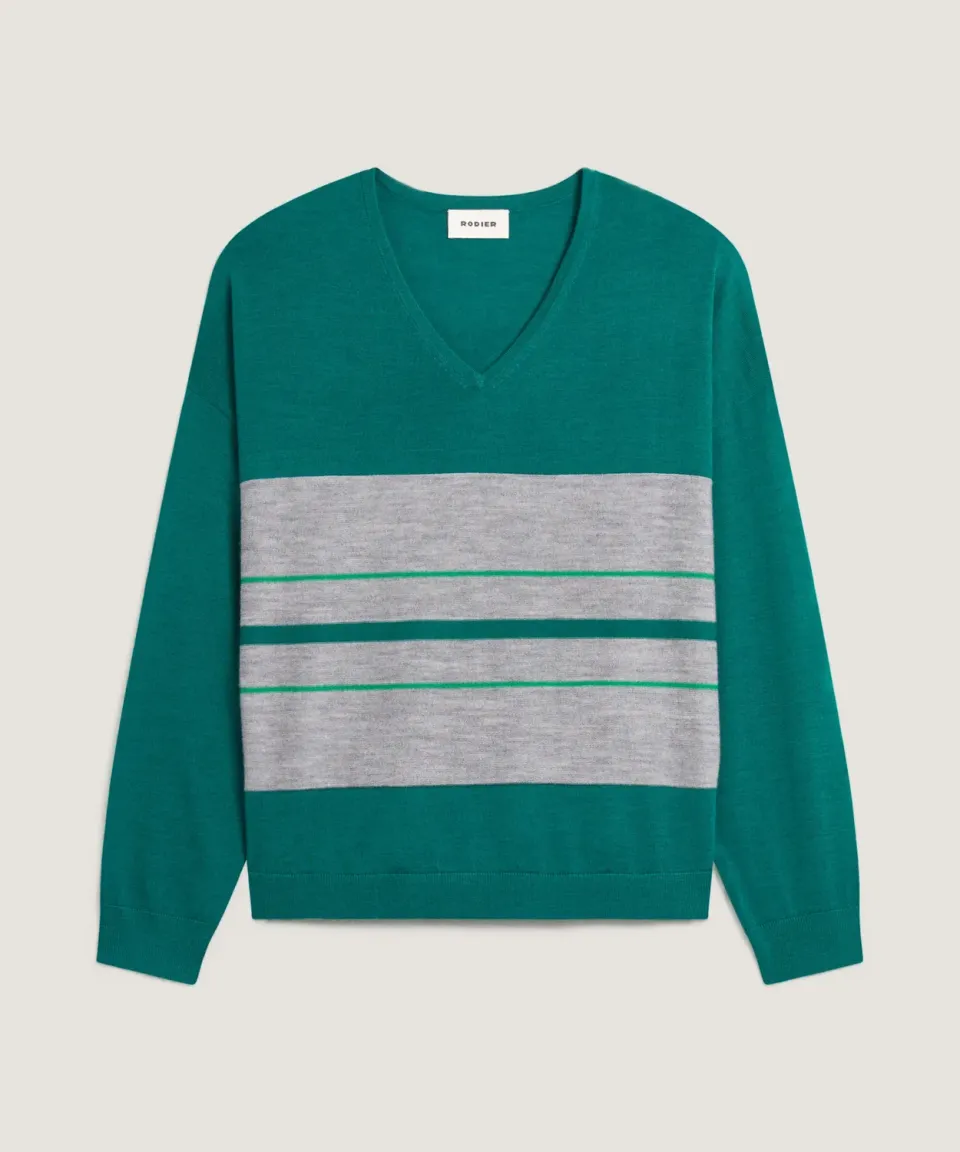 Rodier Maglione Scollo V Righe lana merino verde anatra