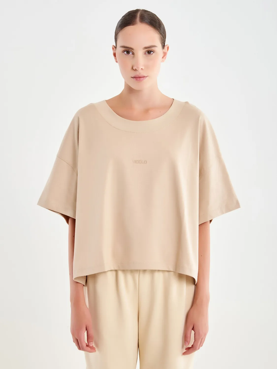Vicolo T-Shirt Over Ricamo Beige Unica Cotone Cropped