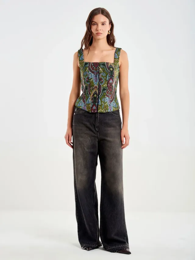 Vicolo corsetto jacquard top militare scollo quadrato