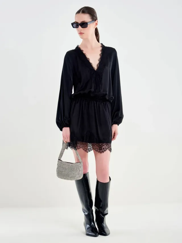 Vicolo abito mini raso nero pizzo maniche lunghe