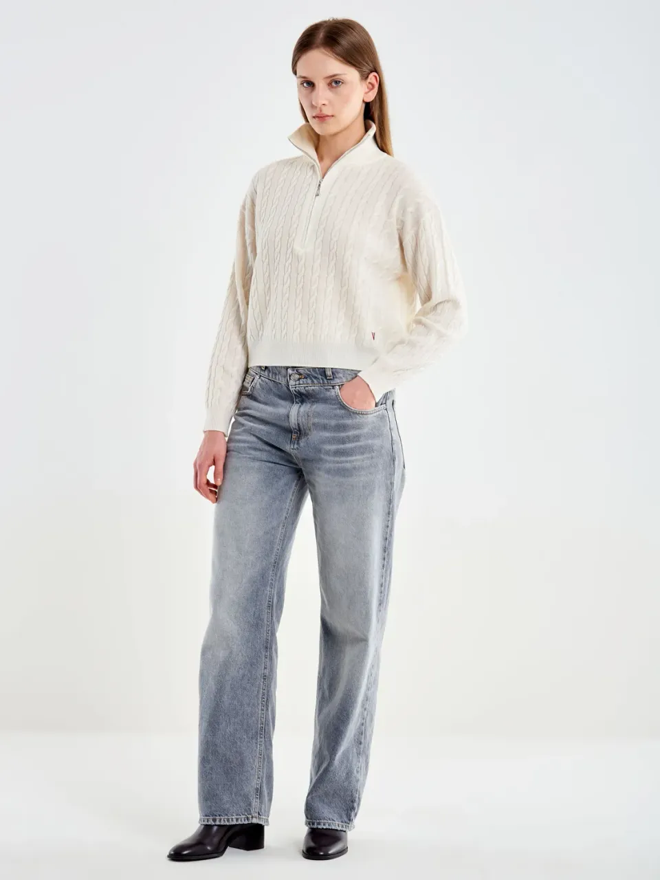 Vicolo Pull Camionaire Trecce maglia lana naturale zip