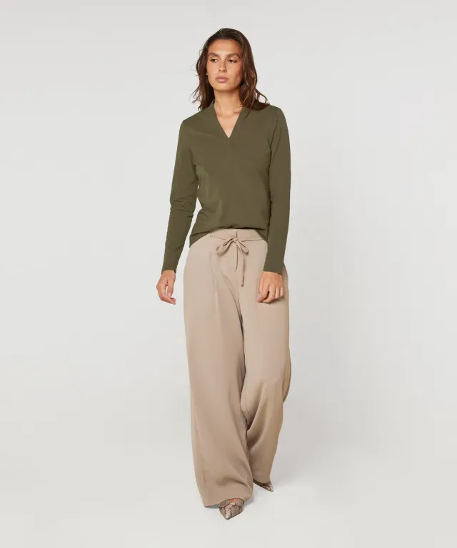 Rodier T-shirt scollo a V maniche lunghe kaki morbida