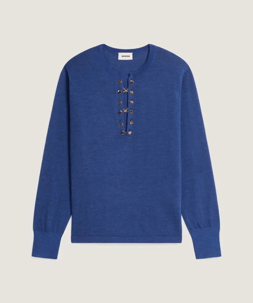 Rodier maglione collo tunisino merino blu zaffiro lana