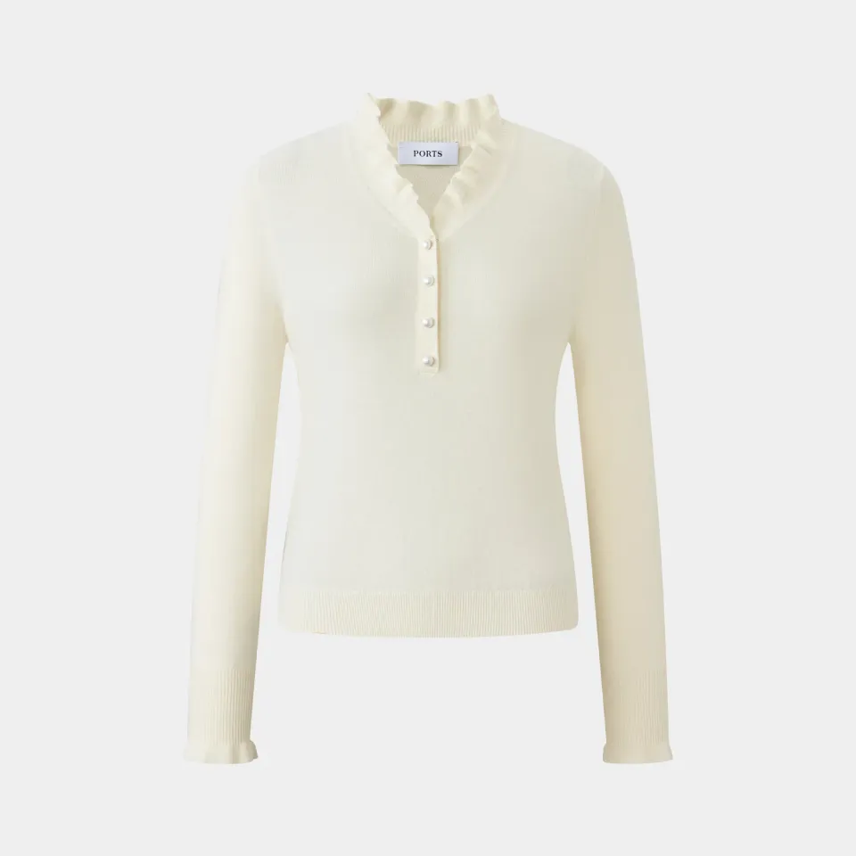 Ports White Henley maglia crema con rouches