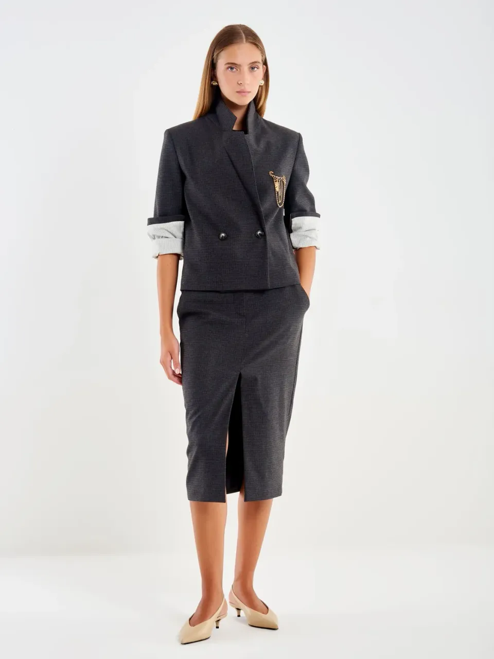 Vicolo Giacca Doppiopetto blazer grigio corto spilla S M L