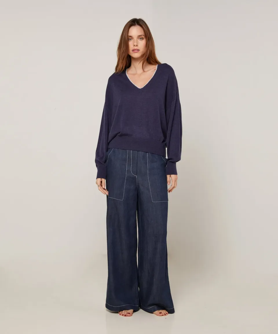 Rodier maglione scollo V maglia fine denim blue taglia M