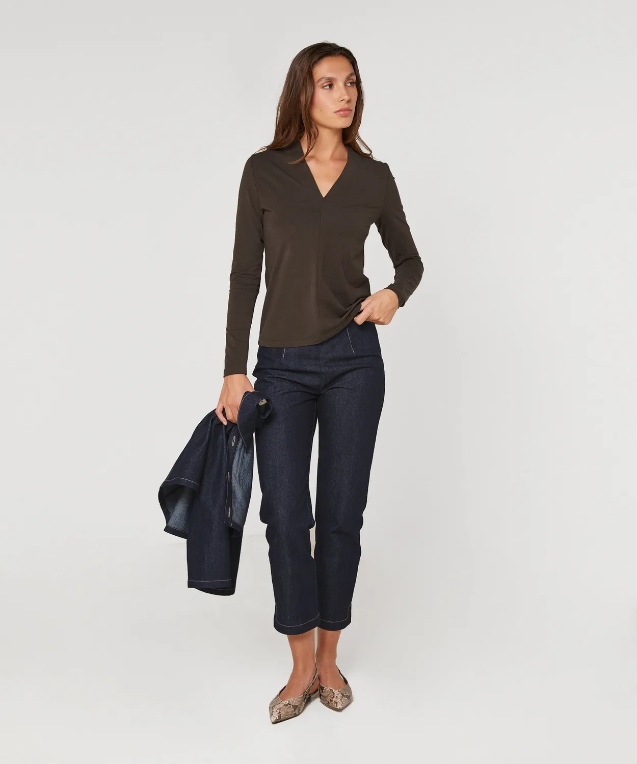 Rodier t-shirt scollo V marrone maniche lunghe