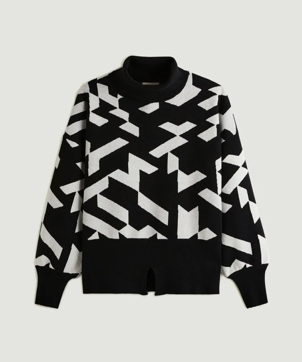 Rodier Maglione dolcevita nero jacquard geometrico