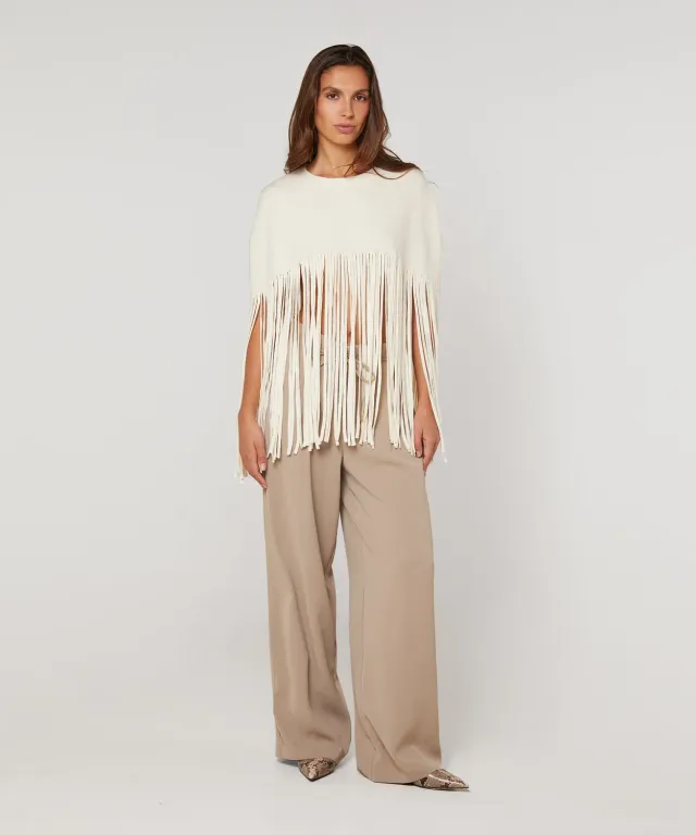 Rodier Mantella con frange Ecru maglia strutturata