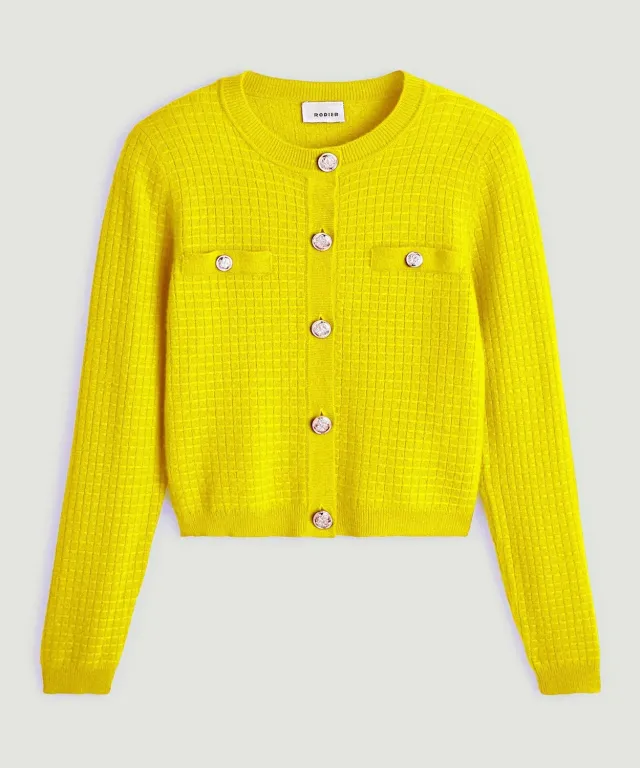 Rodier Gilet Corto Cashmere Giallo Cardigan Donna Bottoni