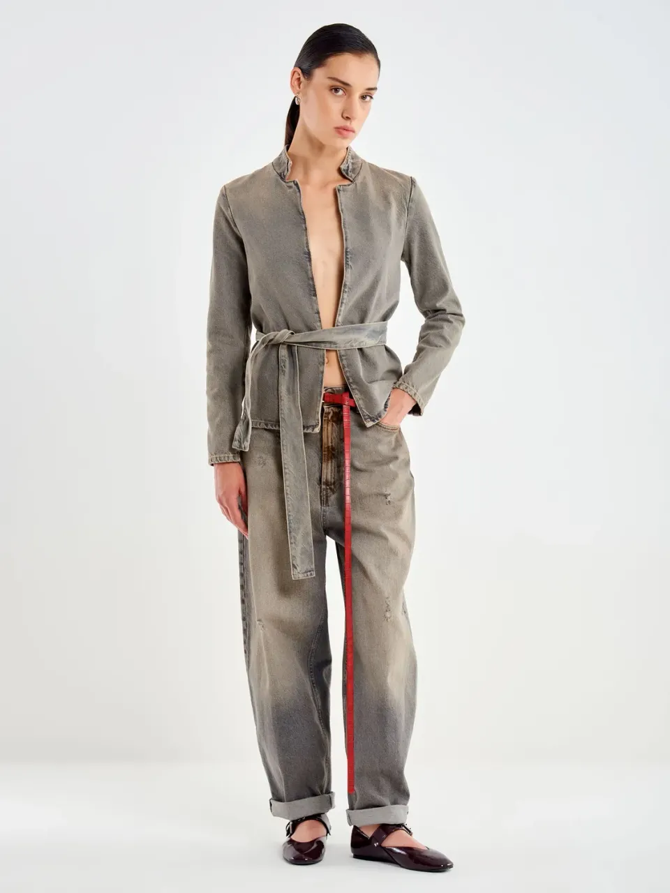 VICOLO Giacca Denim Dirty con Cintura grigio S