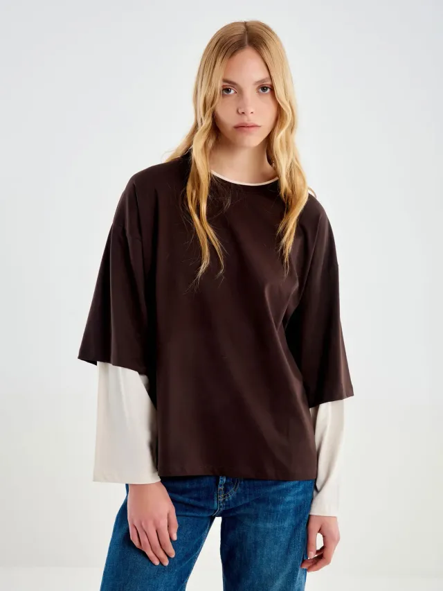 Vicolo Maniche Lunghe a Contrasto t-shirt fondente