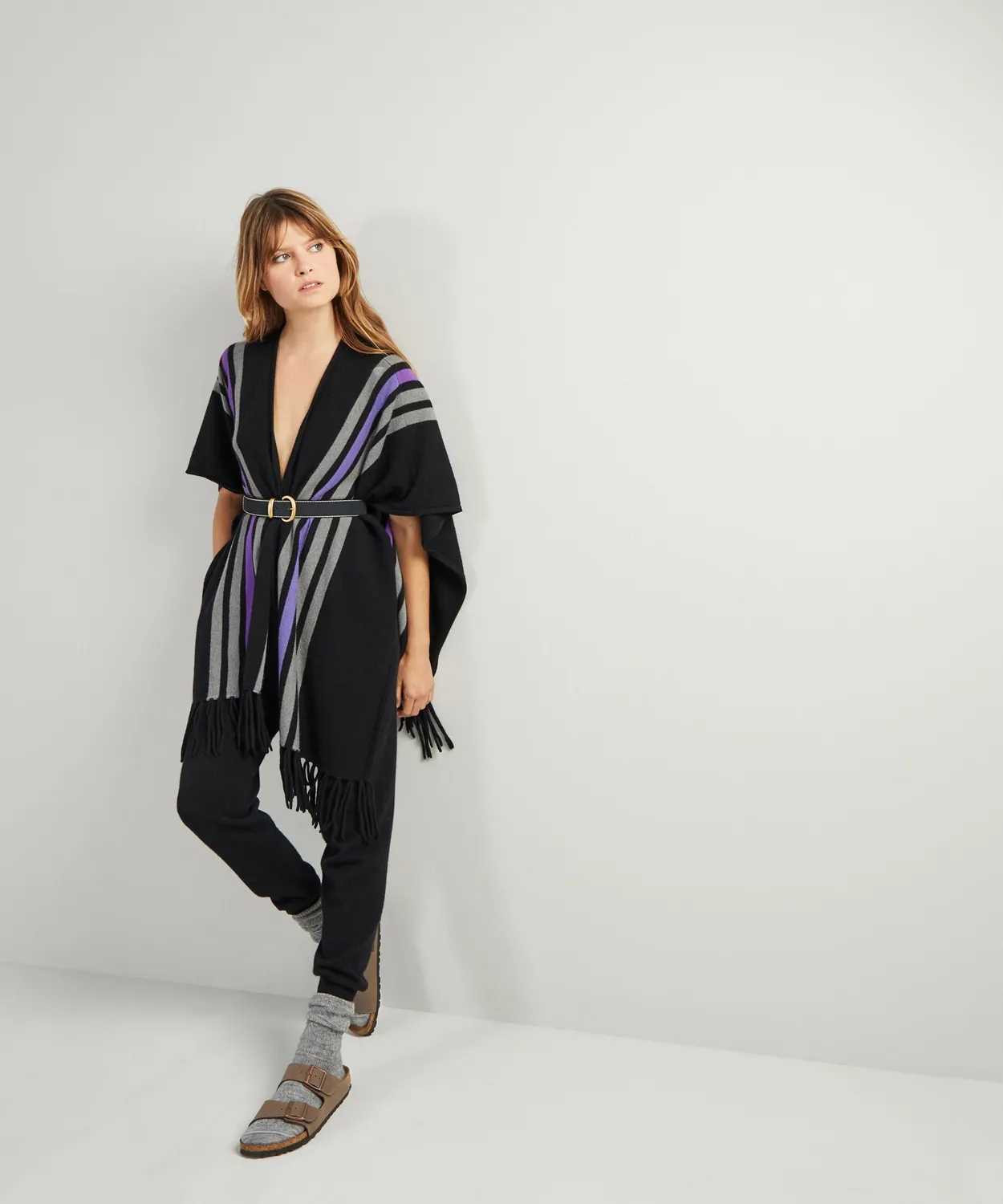 Rodier stola in cashmere 2 fili con frange nera
