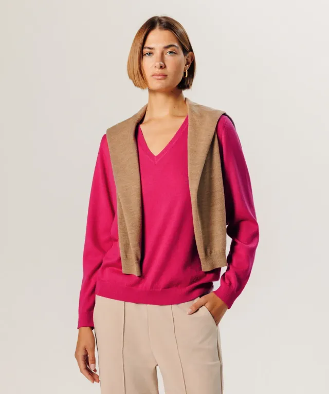 Rodier Maglione scollo a V merino rosa calibro 12