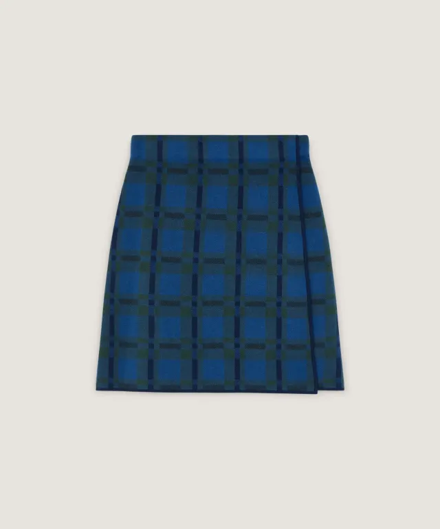 Rodier Gonna Dritta Maglia Quadri Blu Spacco Frontale