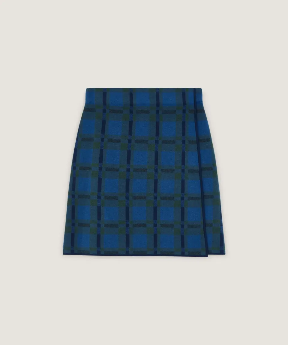 Rodier Gonna Dritta Maglia Quadri Blu Spacco Frontale