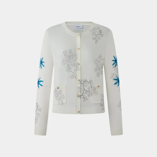 PORTS Embroidered Coral Shell Button Cardigan in White crema ricamato