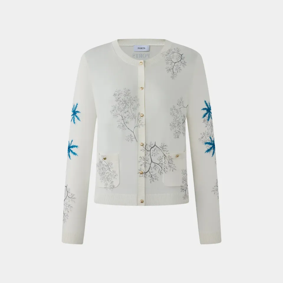 PORTS Embroidered Coral Shell Button Cardigan in White crema ricamato