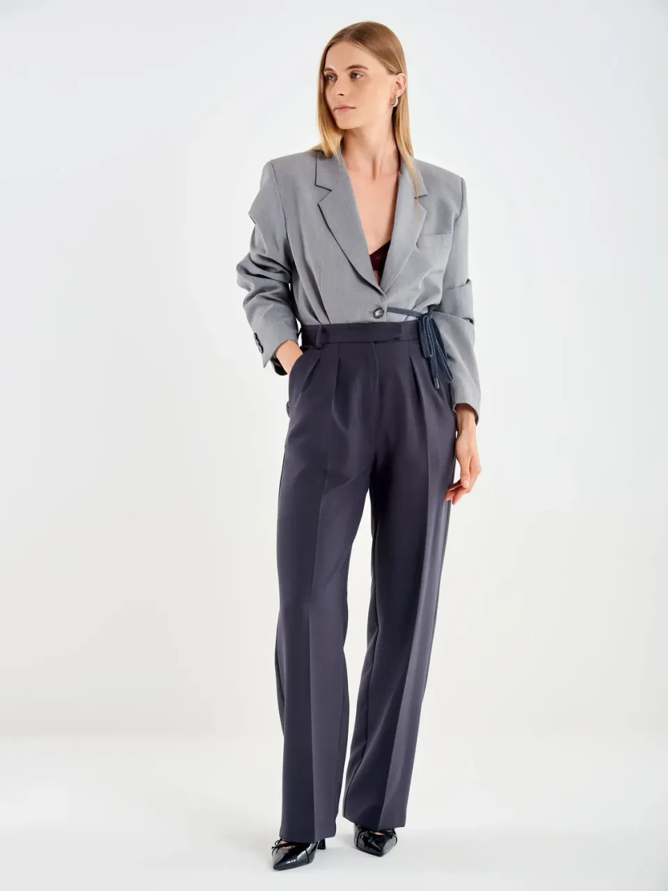 VICOLO Pantalone Palazzo pantalone nero vita alta pinces