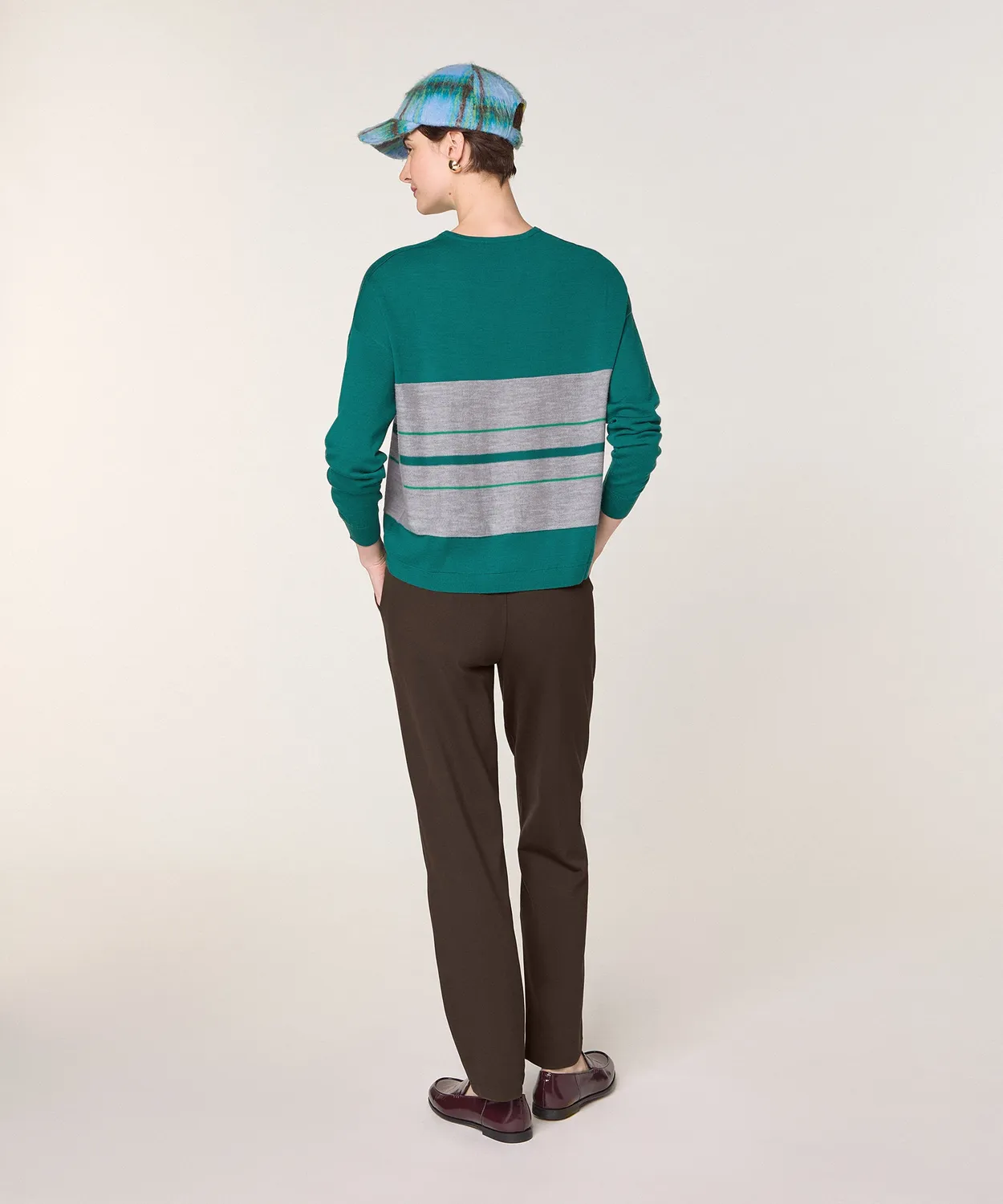 Rodier Maglione Scollo V Righe lana merino verde anatra