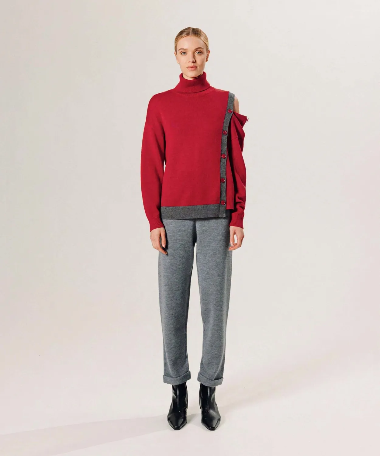 Rodier maglione collo alto lana merino rosso asimmetrico
