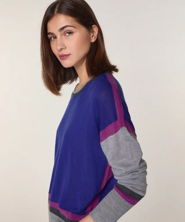 Rodier Maglia Merino Blu Oltremare Color Block