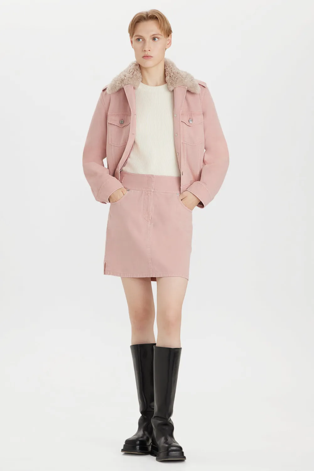 PORTS Powder-Pink gonna mini denim rosa vita alta