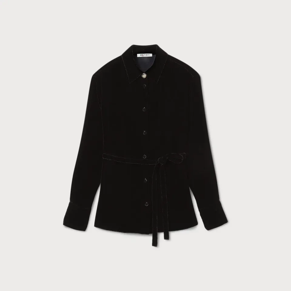 PORTS Velvet Tie-Waist camicia velluto nera cintura