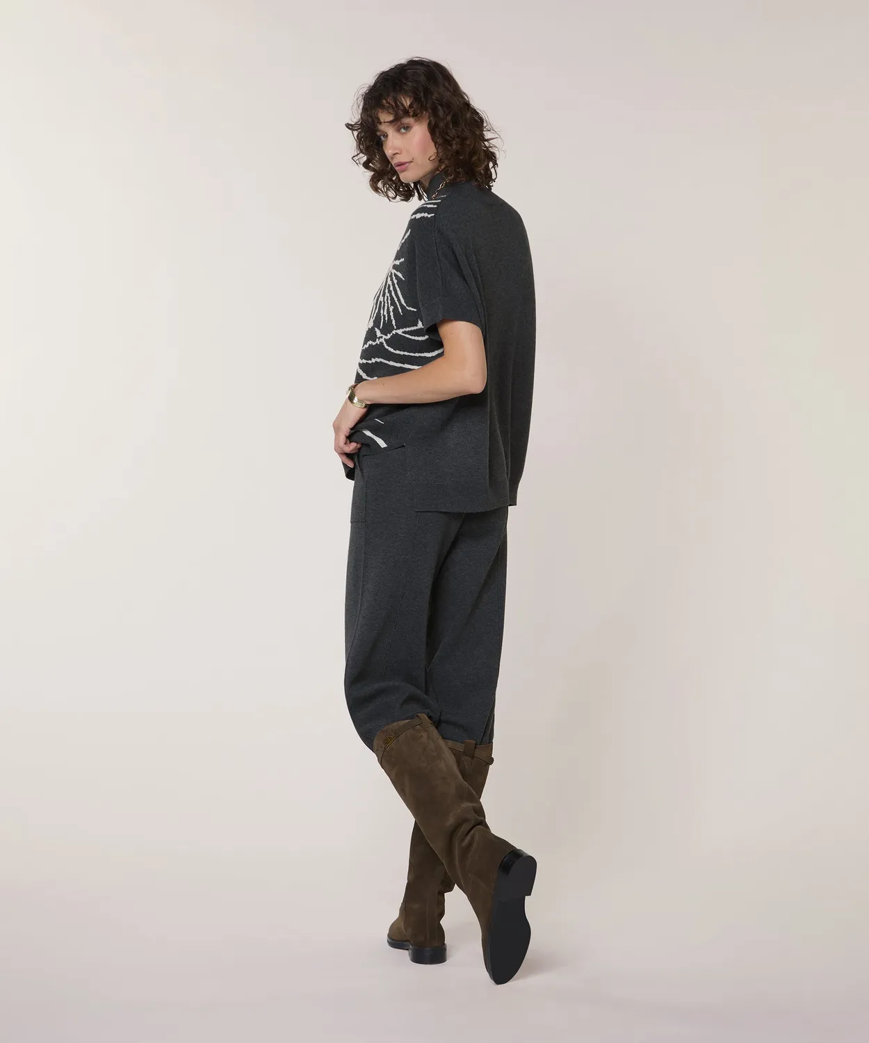 Rodier Jacquard collo alto top grigio scuro maniche corte