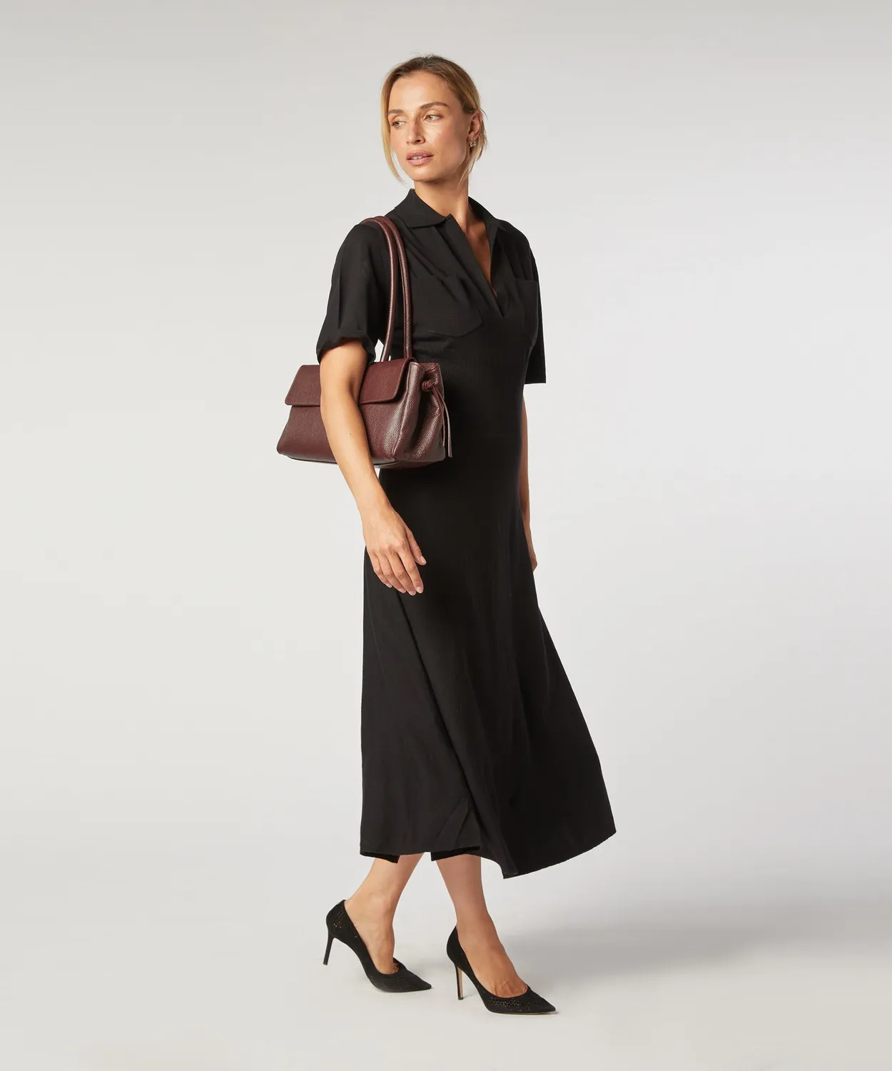 Rodier Abito Lungo Lana Merino Nero Collo Camicia