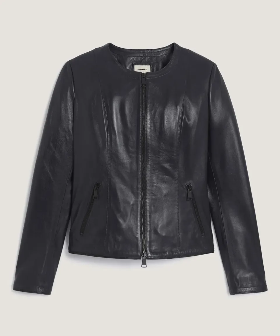 Rodier giacca corta in pelle con zip blu notte agnello
