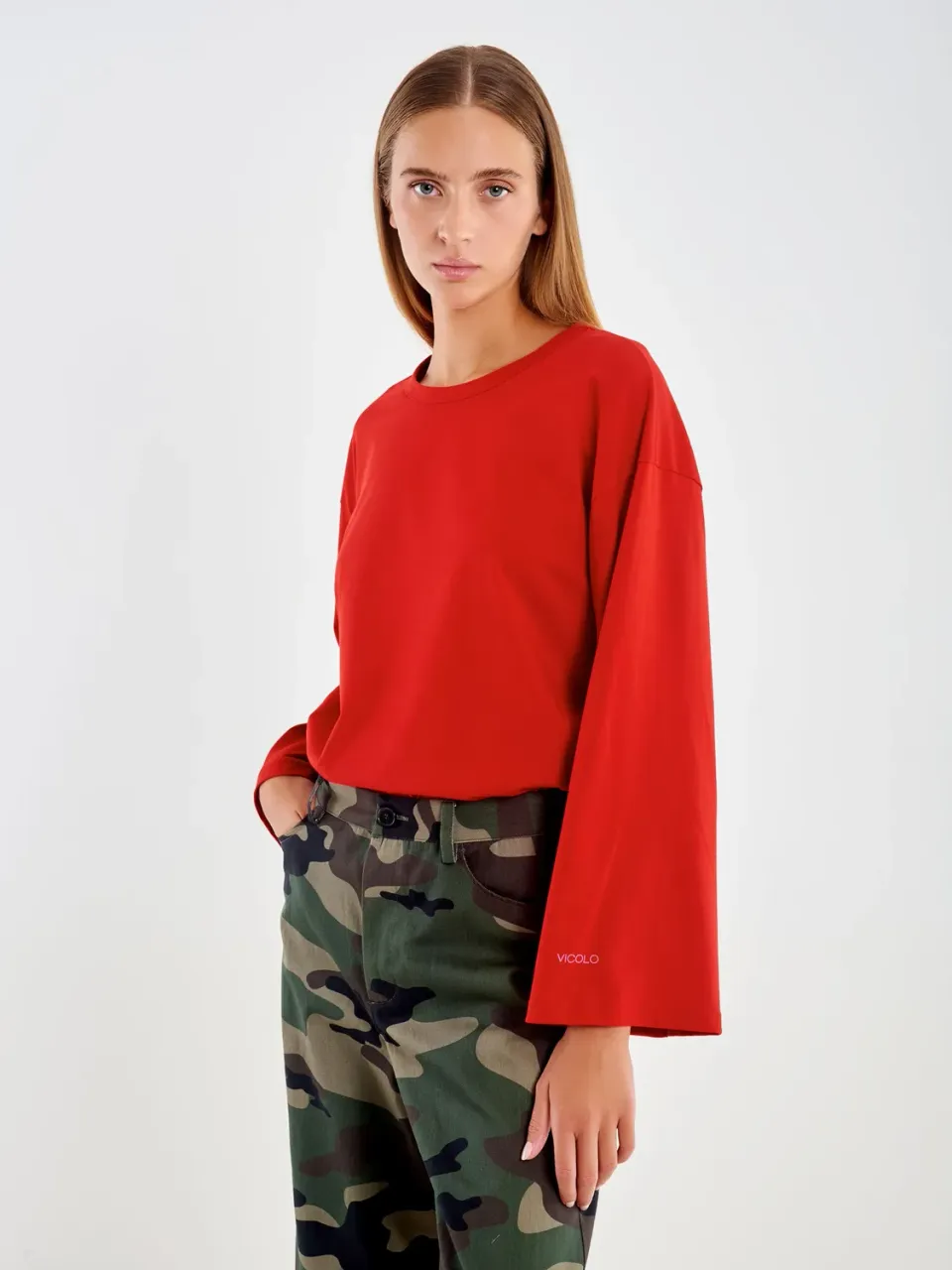 VICOLO T-shirt Maniche Svasate rossa taglia unica cotone
