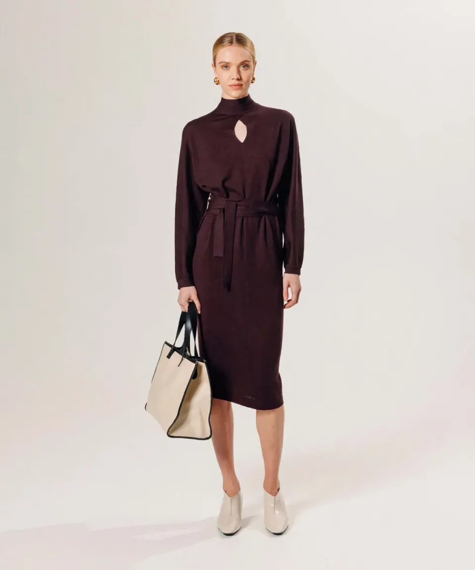 Rodier abito lungo lana merino melanzana donna