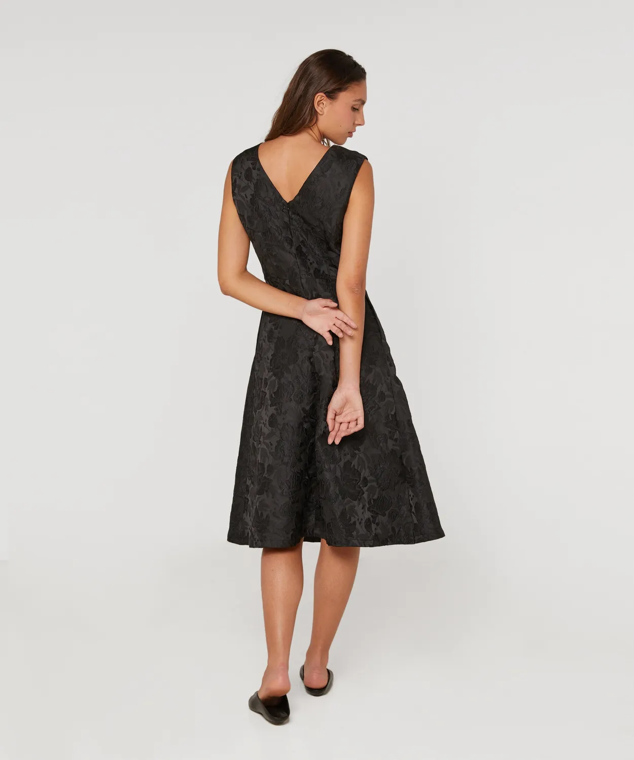 Rodier abito svasato broccato nero floreale