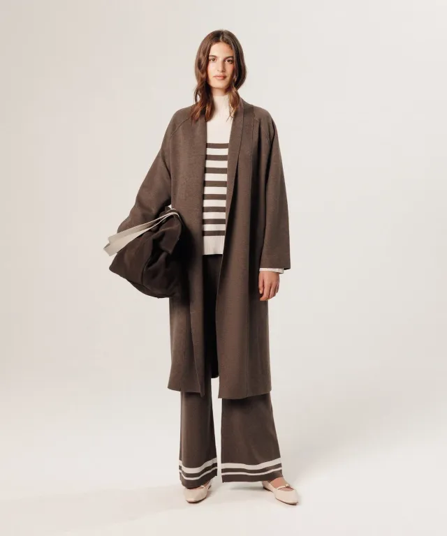 Rodier cappotto maglia lungo havana brown cintura scialle